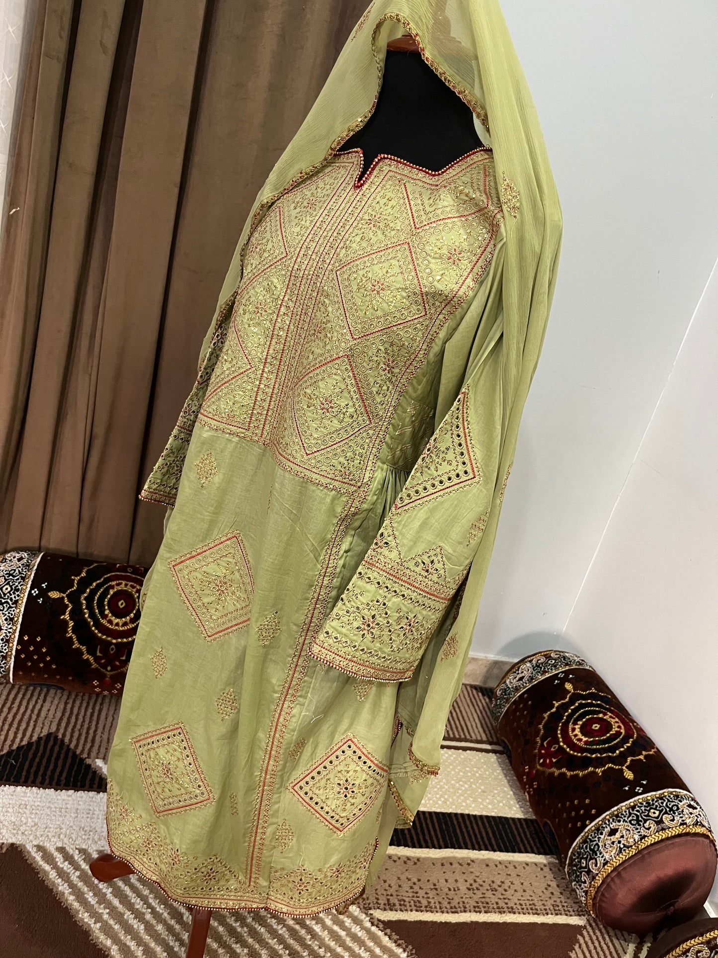 Balochi Kurta 3 pcs light Green Shade (Unstitched/Stitched Both available)