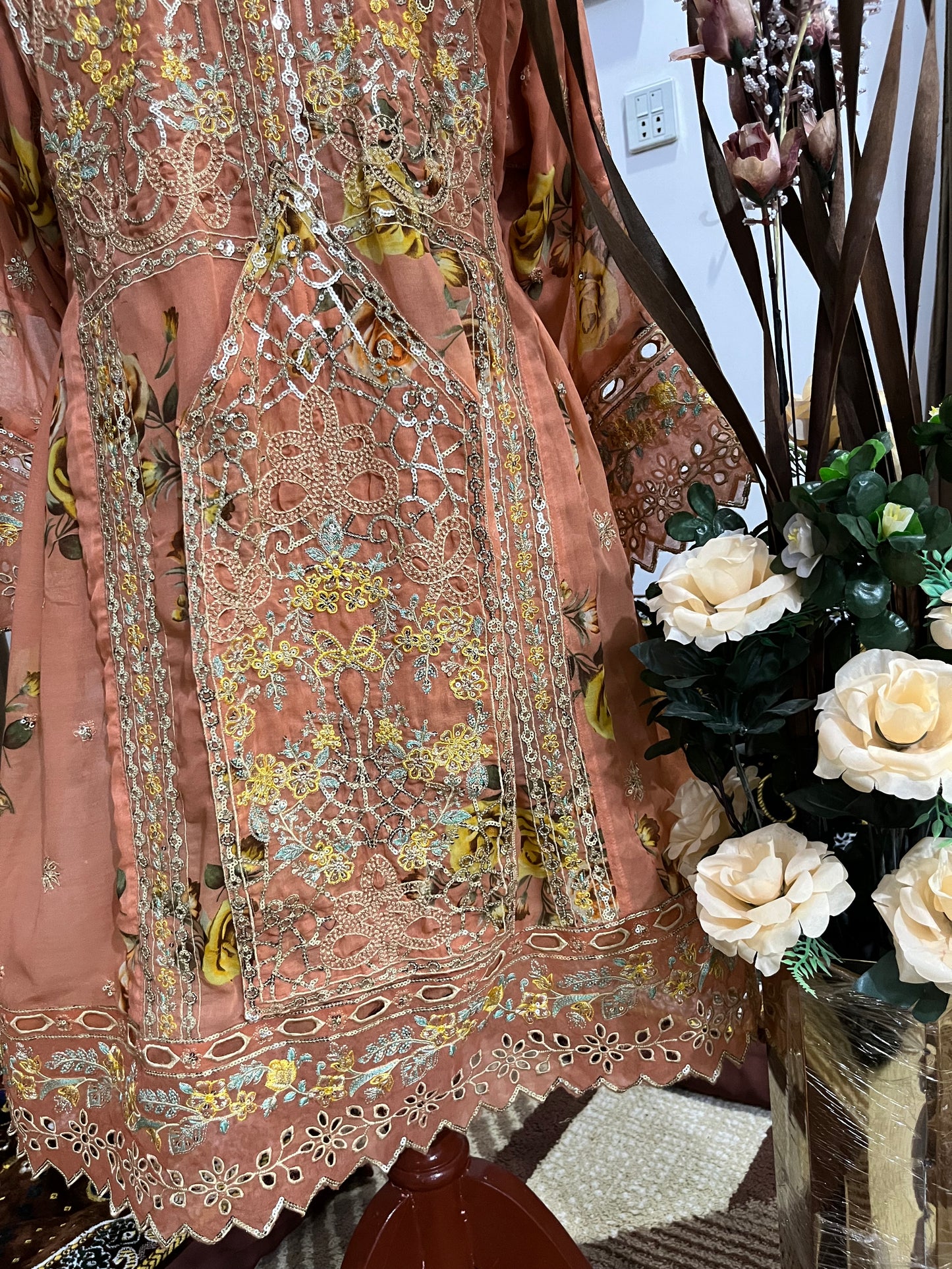 Balochi Dress Laserkari Peach