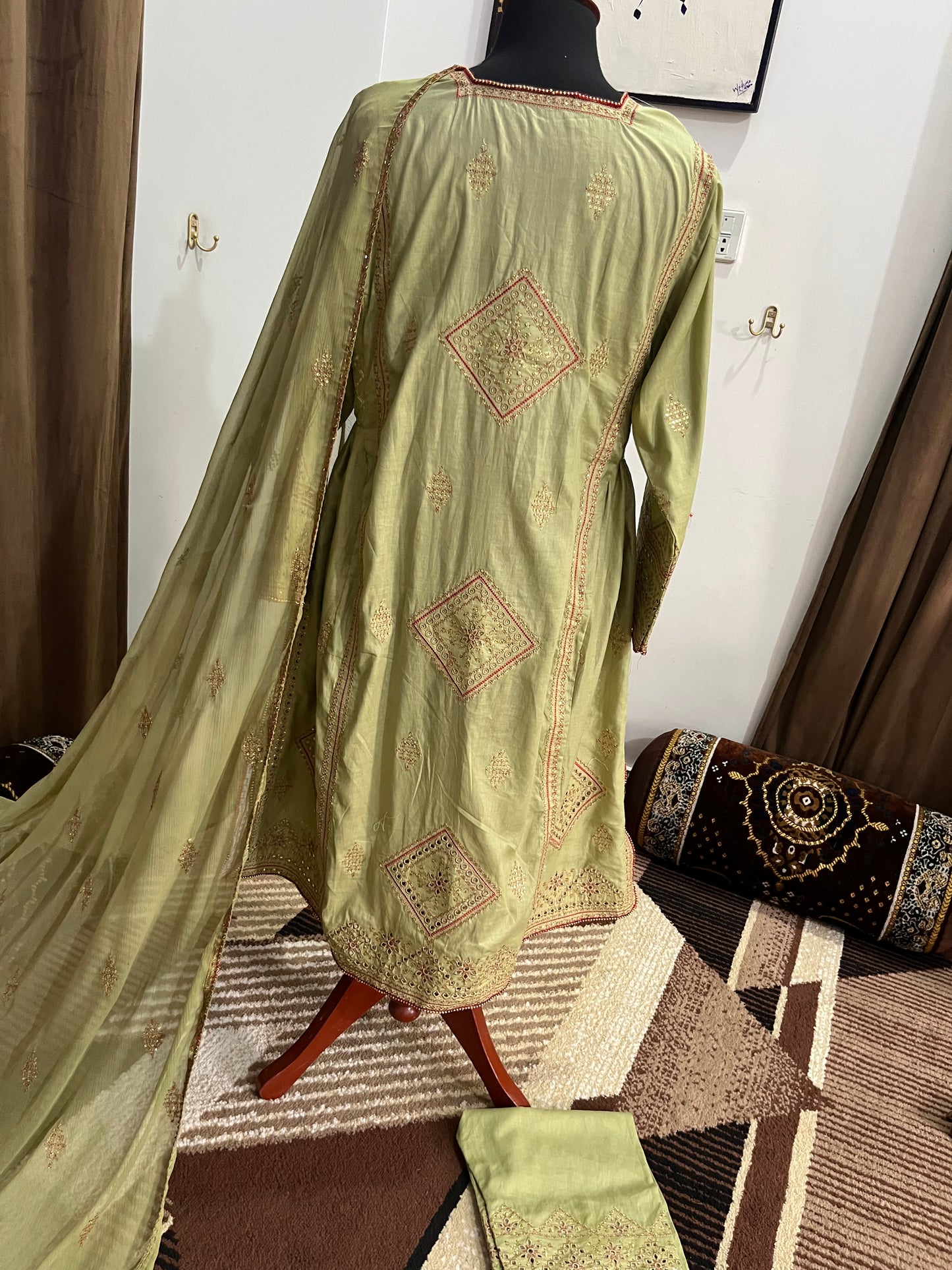 Balochi Kurta 3 pcs light Green Shade (Unstitched/Stitched Both available)