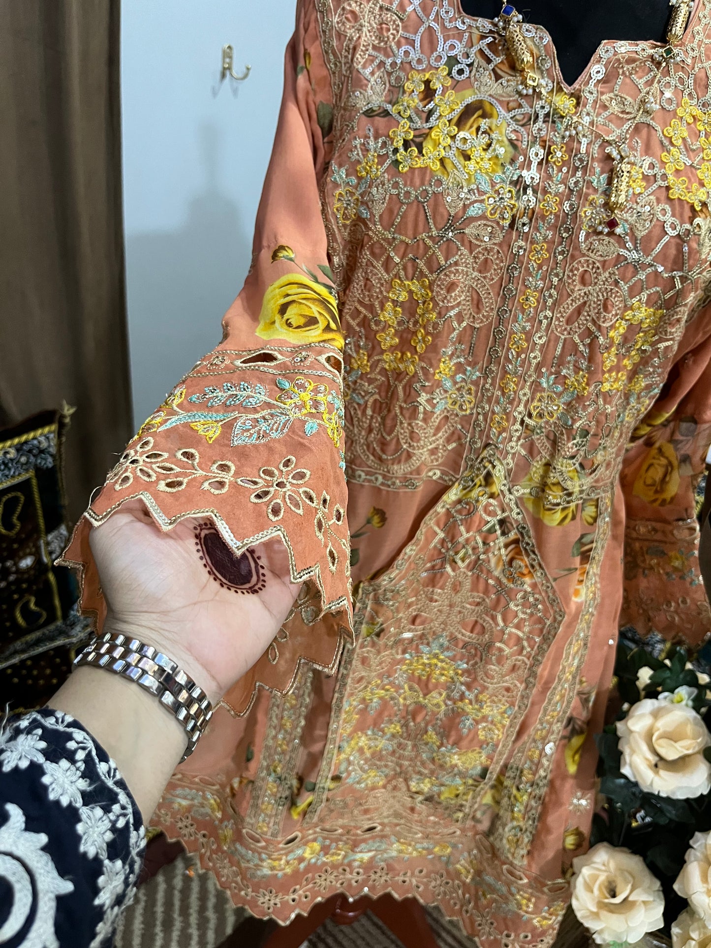 Balochi Dress Laserkari Peach