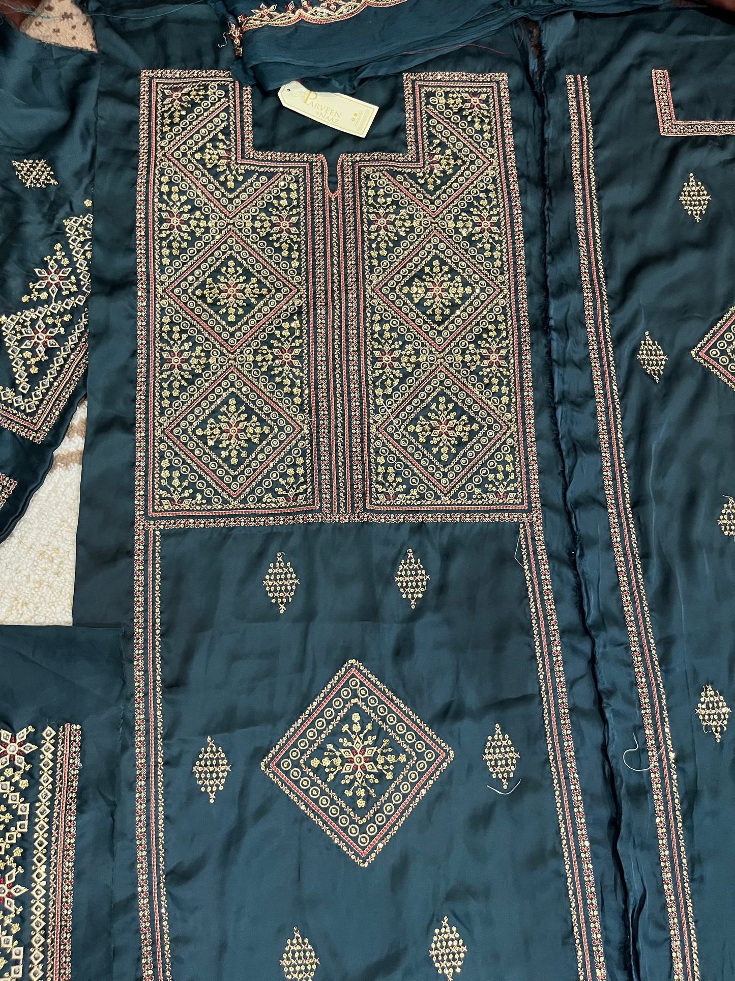 Balochi Kurta Danim Green 3 pcs (Unstitched/Stitched Both available)
