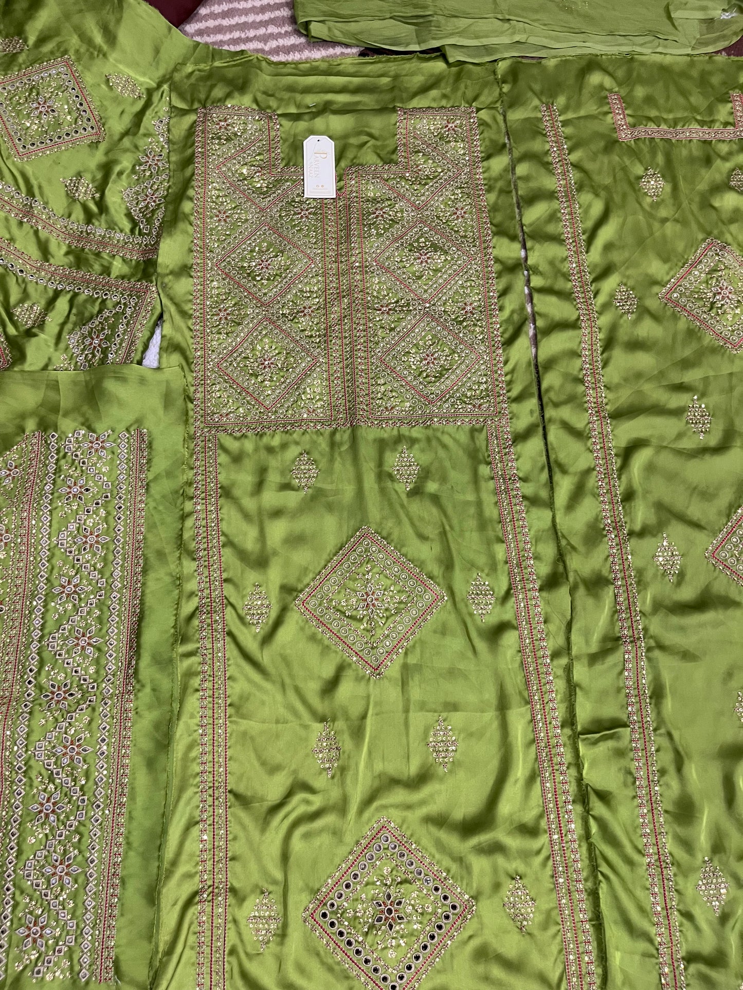 Balochi Kurta Parrot Green 3 pcs (Unstitched/Stitched Both available)