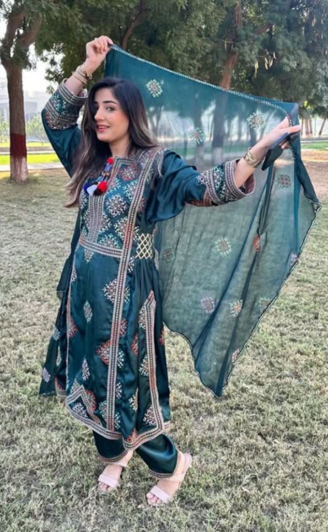 Balochi Kurta Danim Green 3-Piece (Unstitched/Stitched Both available)