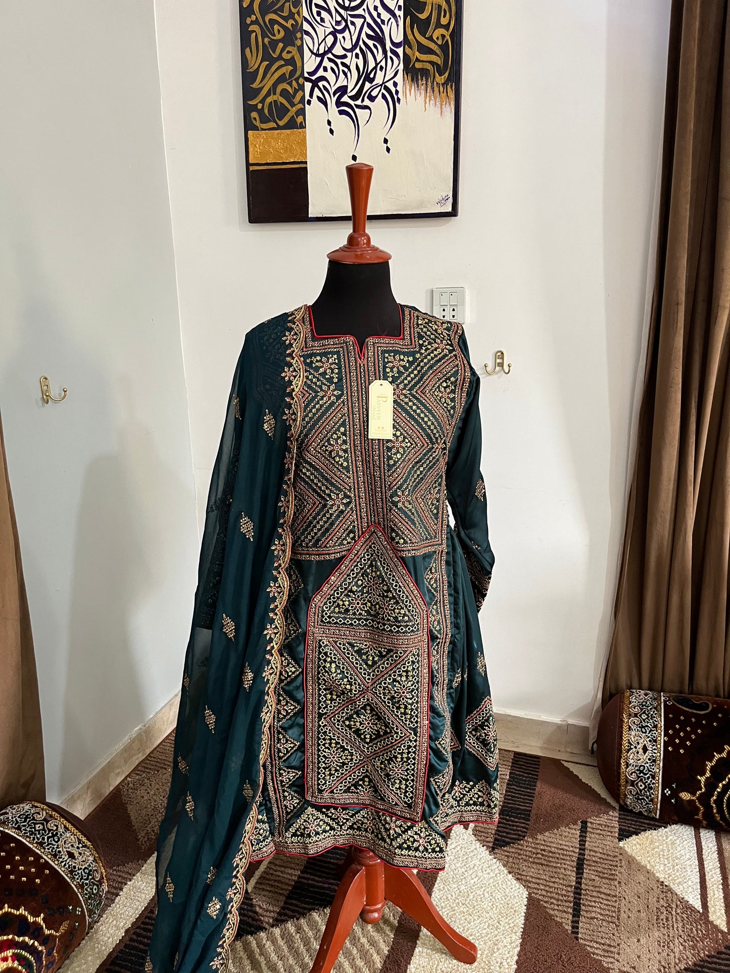 Balochi Dress ChikanKari Danim Green By Manahil & Merab