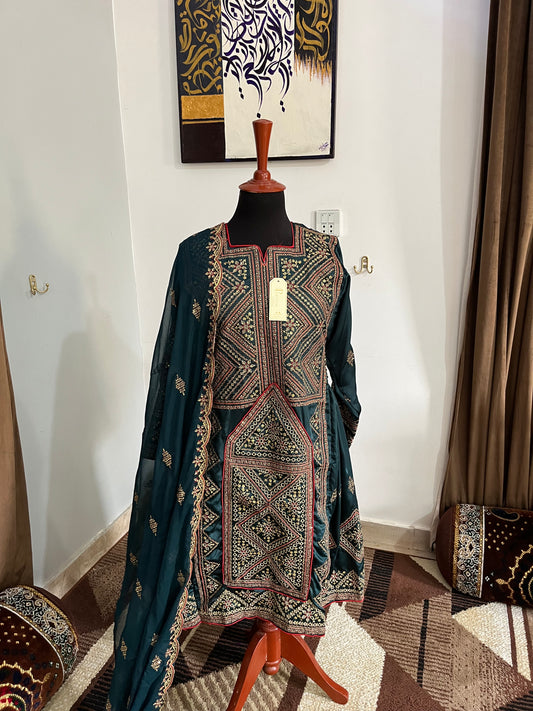 Balochi Dress ChikanKari Danim Green By Manahil & Merab