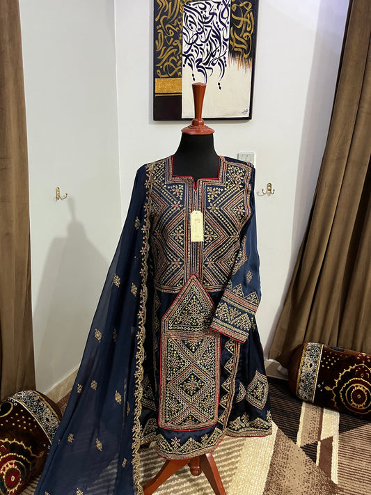 Balochi Dress ChikanKari Navy Blue By Manahil & Merab