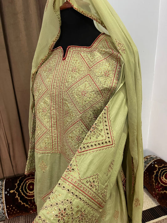 Balochi Kurta 3 pcs light Green Shade  (Unstitched/Stitched Both available)