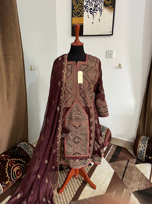 Balochi Dress ChikanKari Brown By Manahil & Merab