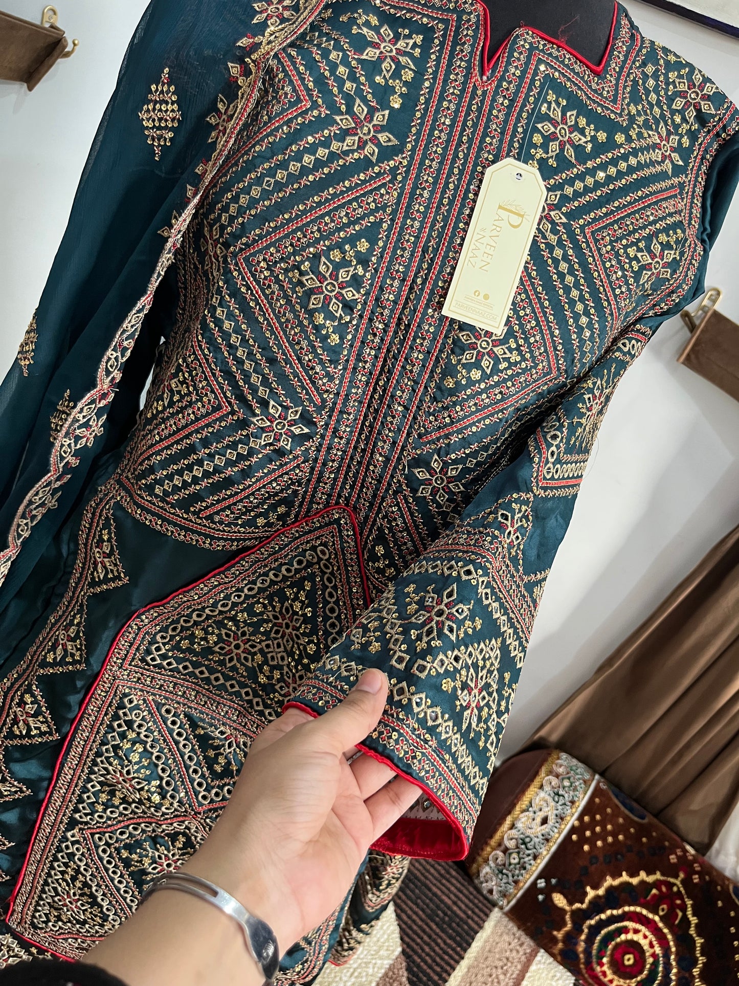 Balochi Dress ChikanKari Danim Green By Manahil & Merab