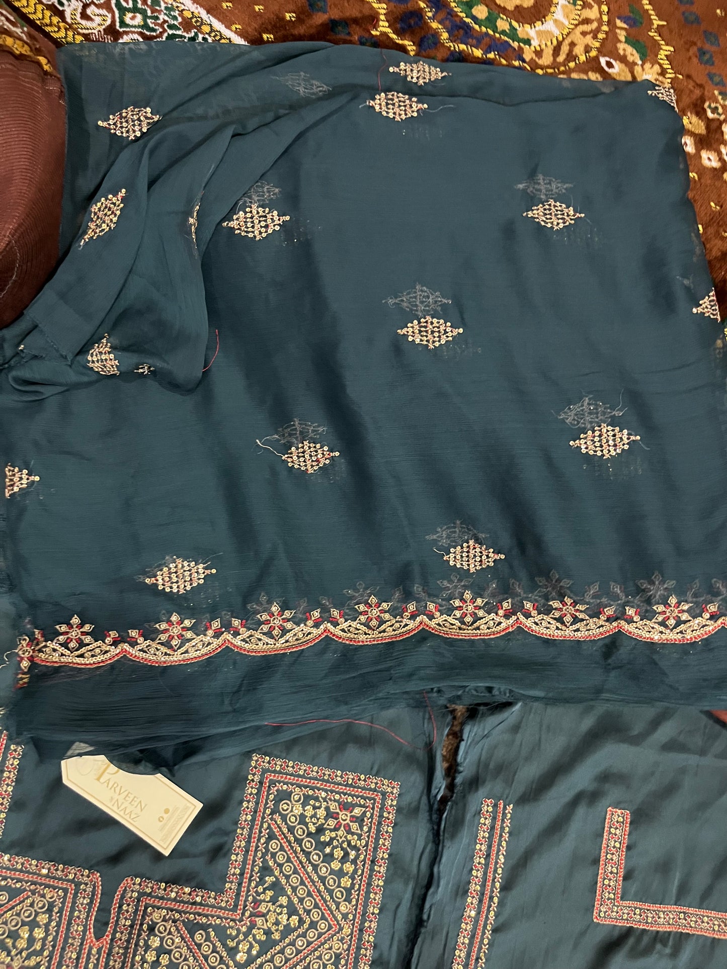 Balochi Kurta Danim Green 3 pcs (Unstitched/Stitched Both available)