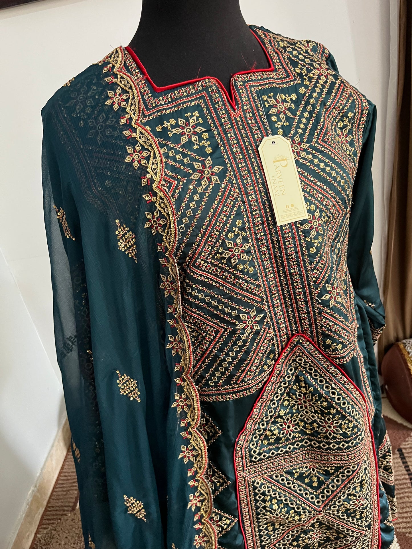 Balochi Dress ChikanKari Danim Green By Manahil & Merab
