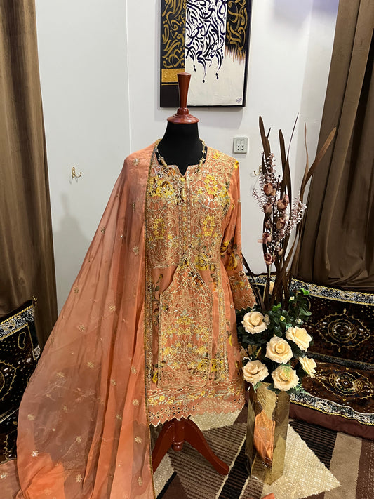 Balochi Dress Laserkari Peach
