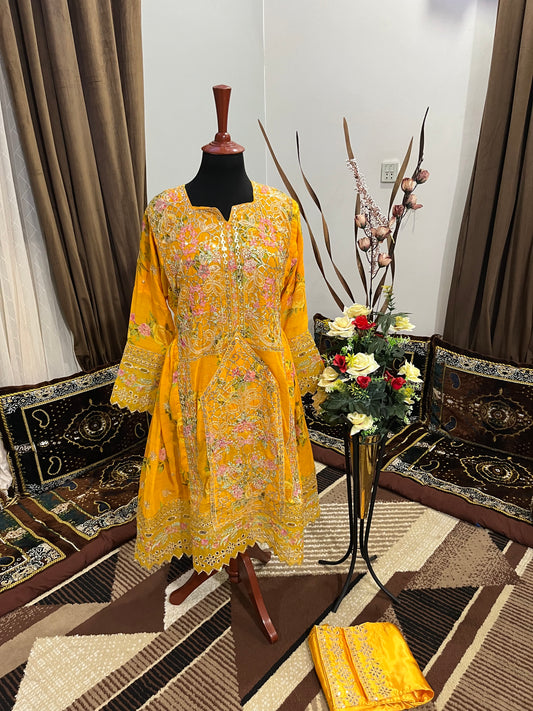 Balochi Dress Laserkari Yellow