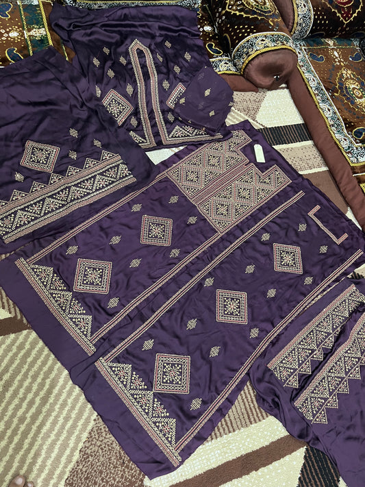 Balochi Kurta Purple 3 pcs (Unstitched/Stitched Both available)