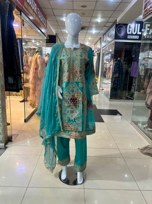 Balochi Formal Dress Ferozi