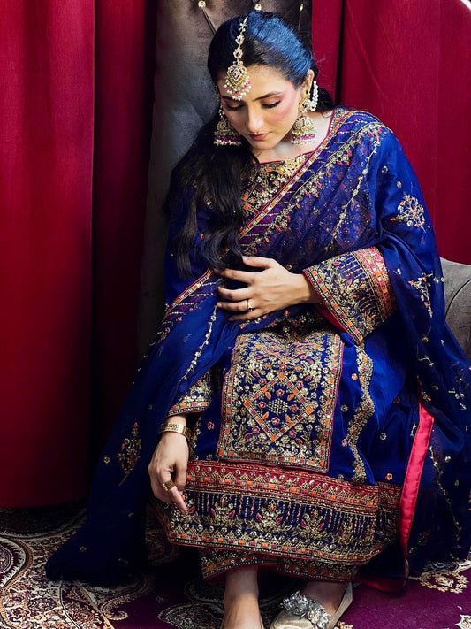 Balochi Formal Dress Navy Blue by Moomal Manahil